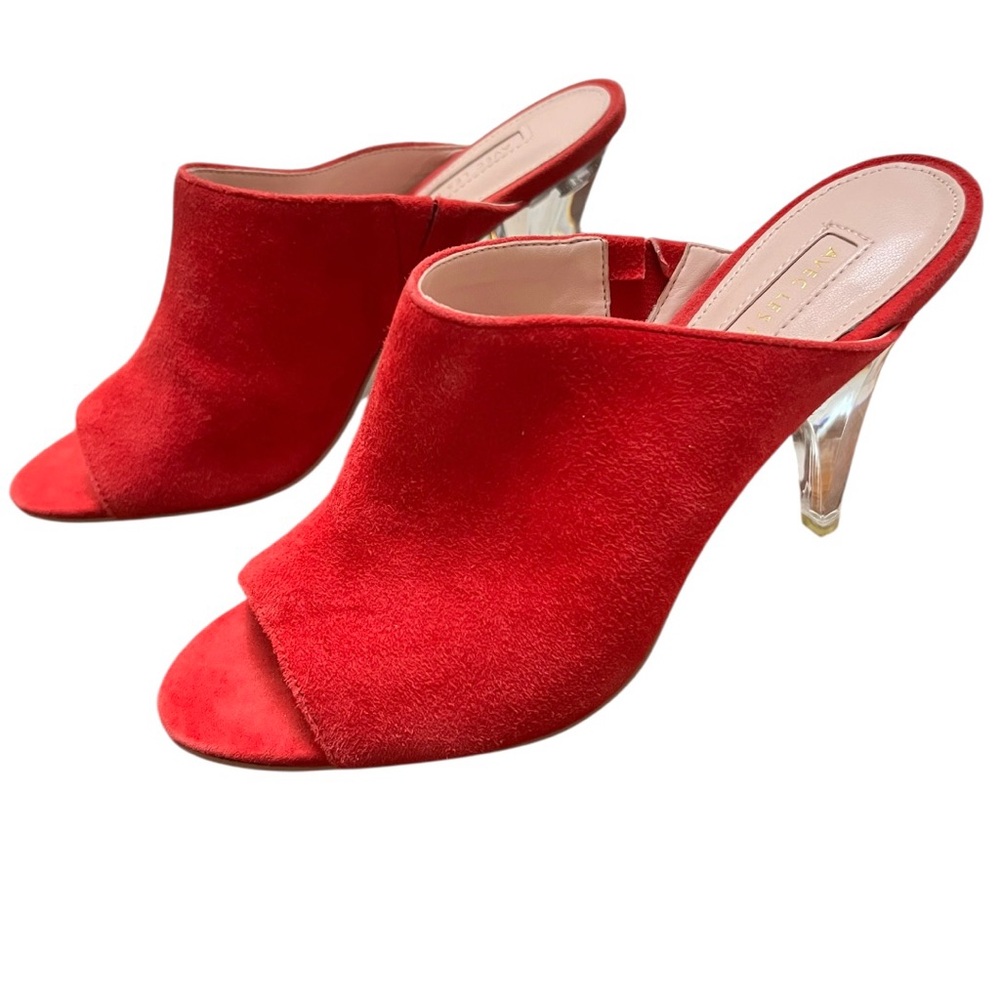 New Avec Les Filles JAZZ Women Scarlet Red Suede Mules Transparent Heel NWT Sz 7